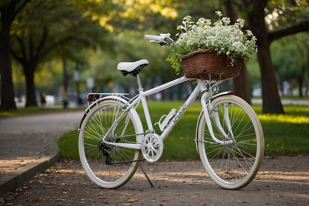 White bicycle standing in the park