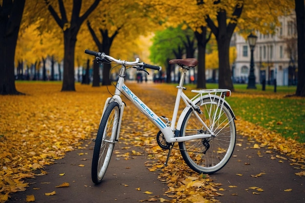 White bicycle standing in the park