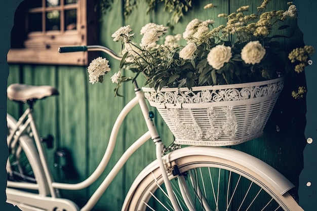 White bicycle with flowers in basket soft focus interior design style