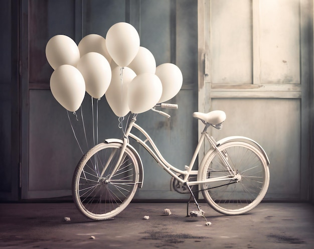 A white bicycle with white balloons