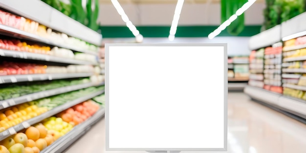 a white billboard on the background of a grocery supermarket