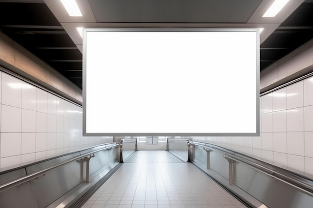 A white billboard in a building with a white sign above it