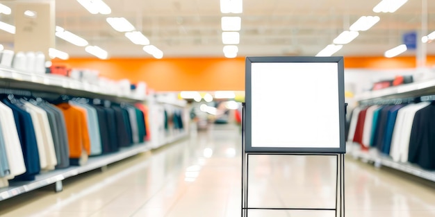 A white billboard in a clothing store