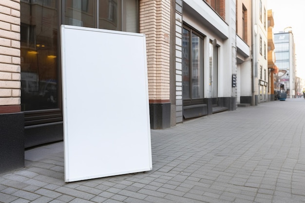 A white billboard stands on the sidewalk in front of a storefront