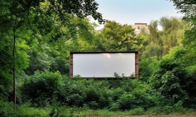 A white billboard in the woods with the word " on it "