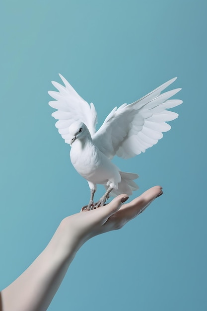 White bird on female hand isolated on blue background ai generated