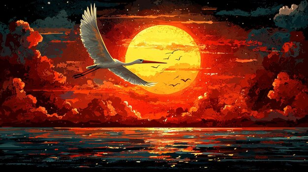 White Bird Flying Against a Fiery Sunset Over the Sea