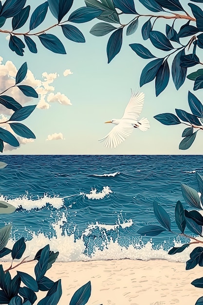 Photo white bird flying over blue ocean and beach framed by green leaves