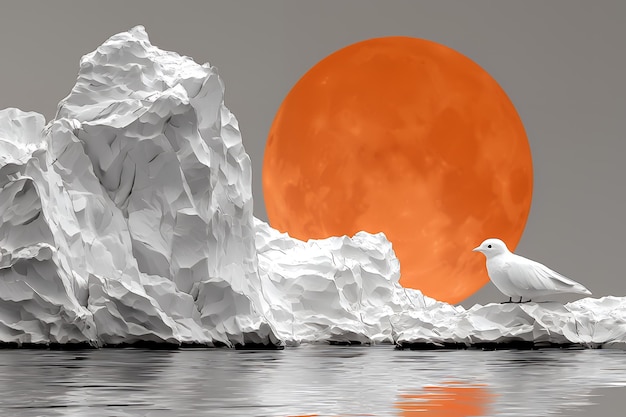 Photo white bird on iceberg with orange moon