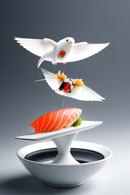 Photo a white bird is flying over a tray of food with food