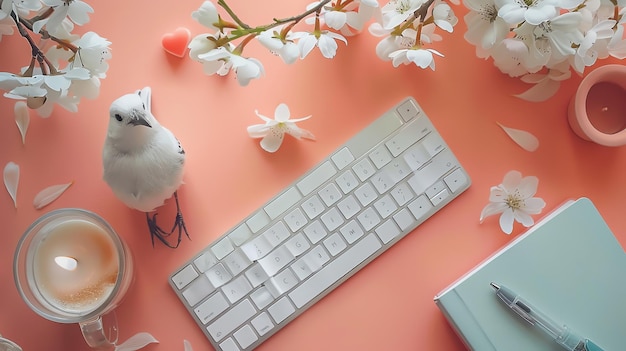 Photo white bird keyboard flowers and candle on pink background