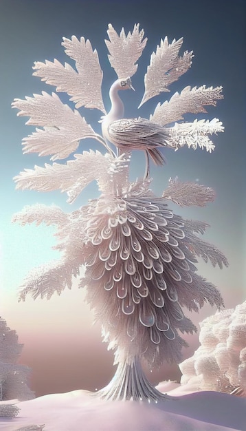 White bird sitting on top of a snow covered tree generative ai