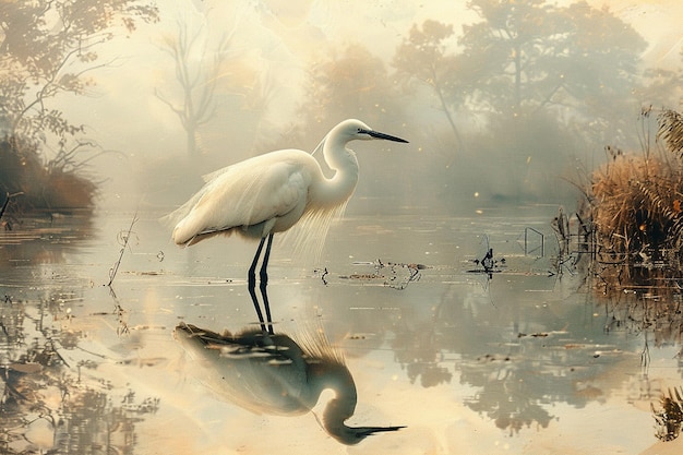 Photo a white bird stands in a pond with trees in the background