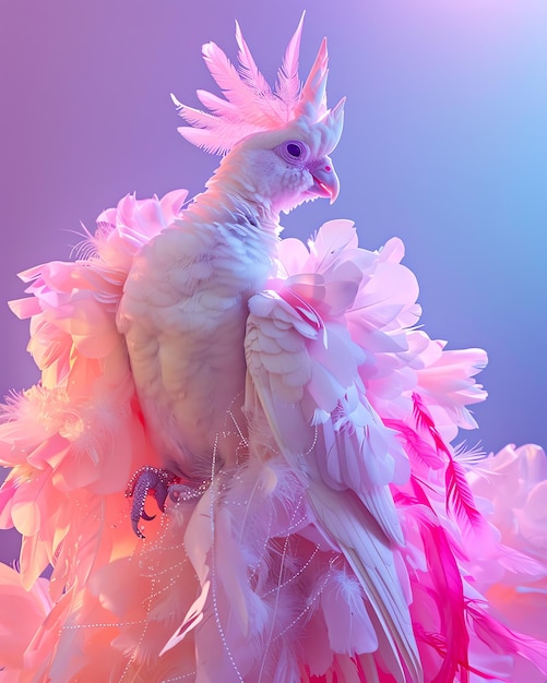 a white bird with feathers on its head and a pink background with a white feather on it