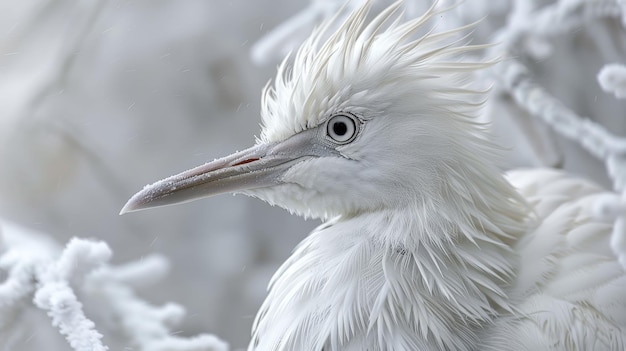 Photo a white bird with a fluffy head is standing in the snow