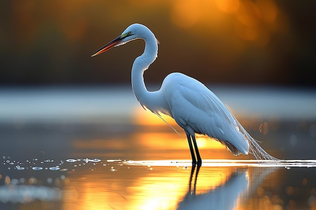 a white bird with a long neck stands in water with a sunset background