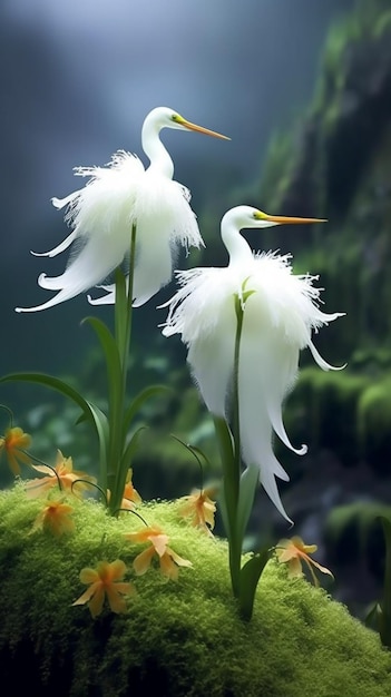 A white bird with a long tail stands on a green background.