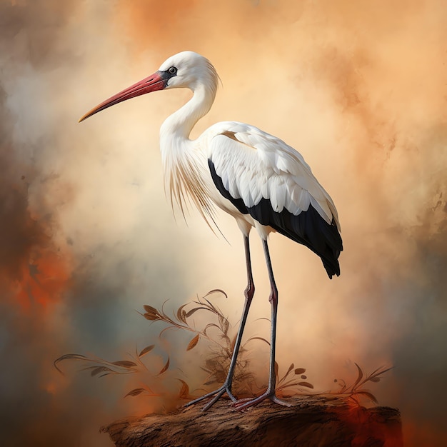 Photo a white bird with a red beak stands on a piece of wood