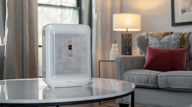 a white and black appliance sits on a table