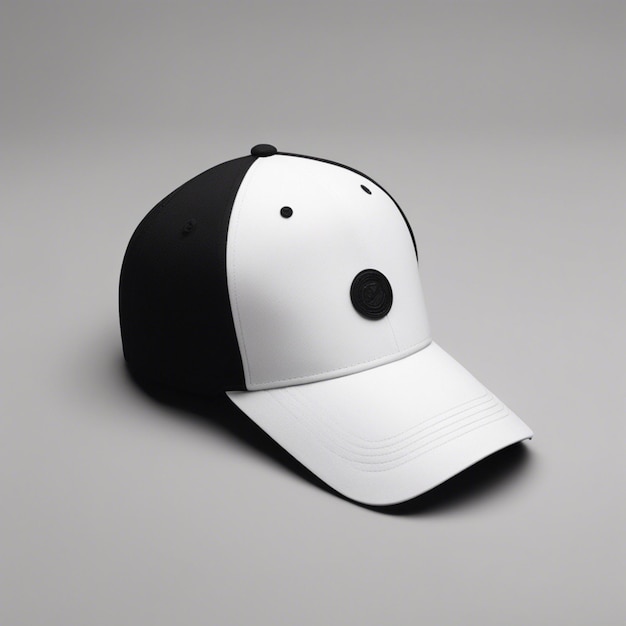 a white and black baseball cap with a black cap on it