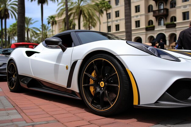 Photo a white and black car with a yellow stripe is parked on a brick sidewalk