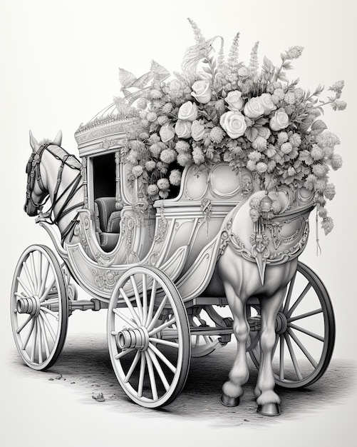 White and Black Drawing of Carriage