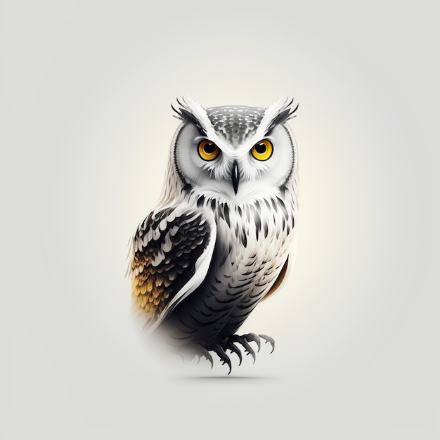 a white and black owl with yellow eyes