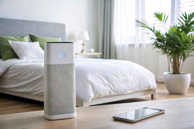 a white and black speaker is on a wooden floor next to a bed