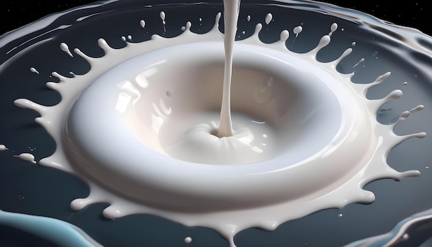 a white and black splash of milk is poured into a white bowl