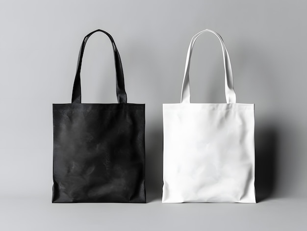 White and black tote bags mock up on a grey background Logo mockup shopping concept