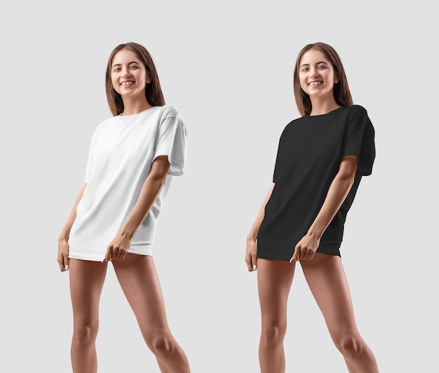 White and black Tshirt on a halfnaked girl. Set of clothes