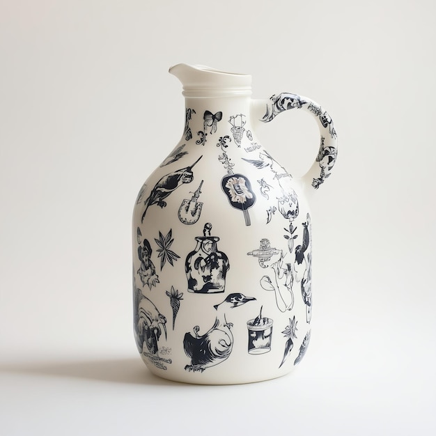 Photo a white and black vase with a picture of a cat on it