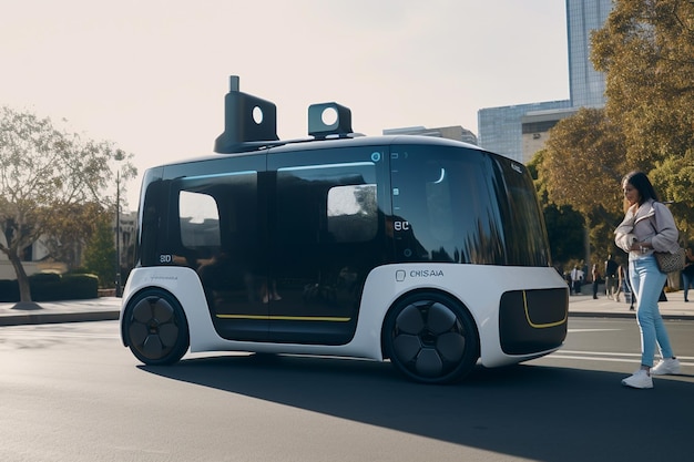 A white and black vehicle with the word autonomous on the side.