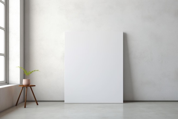 Photo a white blank canvas on a white wall with a plant in the corner