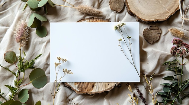 A White Blank Card on the Table Surrounded by Green Leaves