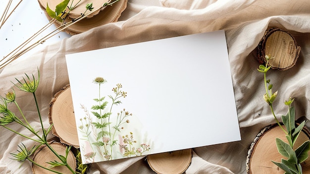 A White Blank Card on the Table Surrounded by Green Leaves