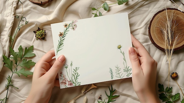 Photo a white blank card on the table surrounded by green leaves