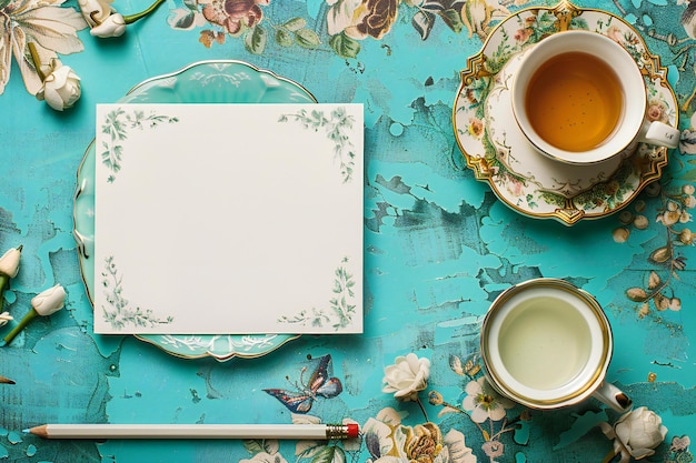 Photo white blank card on turquoise and teal stationery with tea cup pencil and teacup