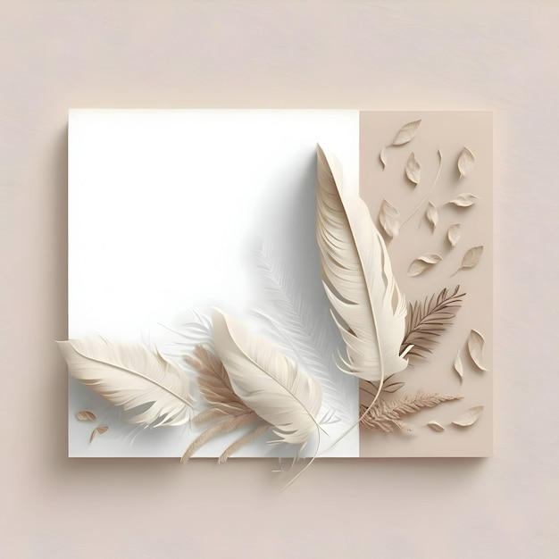 White blank card with decorated feathers on a light background