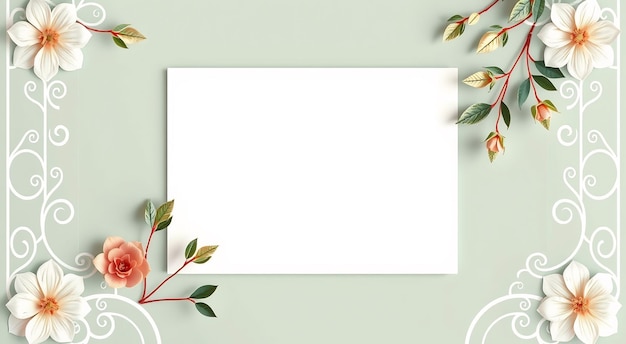 Photo white blank card with floral decorations