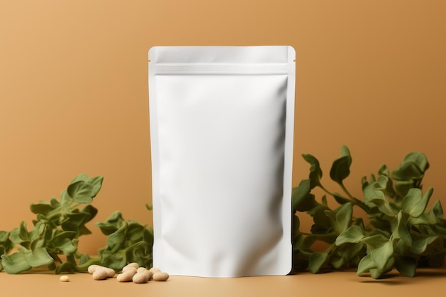 White Blank Coffee bag Pack Mockup Stand Up with pastel natural theme background Generative AI