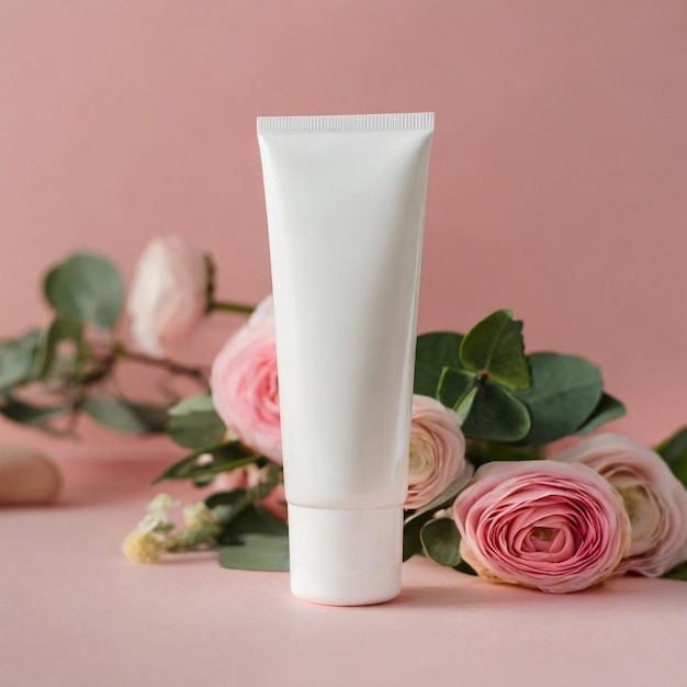 White blank cream tube and beautiful flowers Package mock up for beauty product