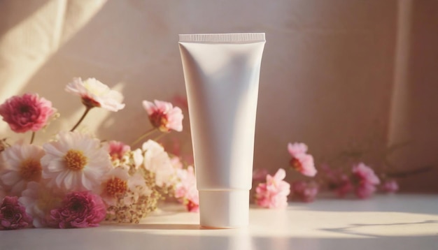 White blank cream tube beautiful spring flowers sun light