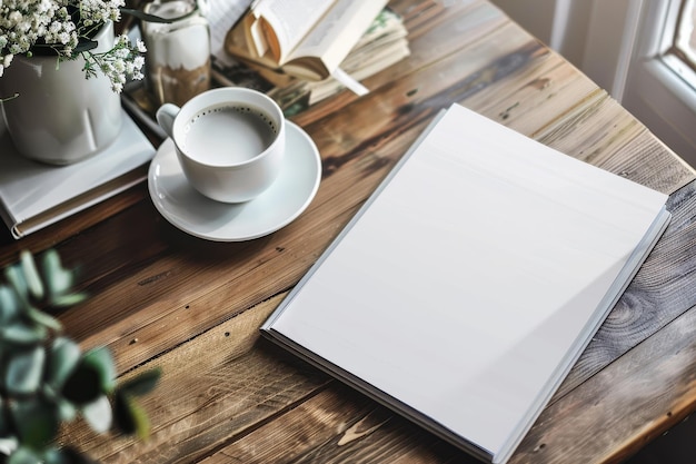 Photo a white blank magazine lays open on a rustic wooden table next to a cup of coffee and flowers