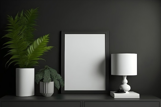 White blank Minimalist Photo Frame Mockup on wall with furniture and green plant decorative