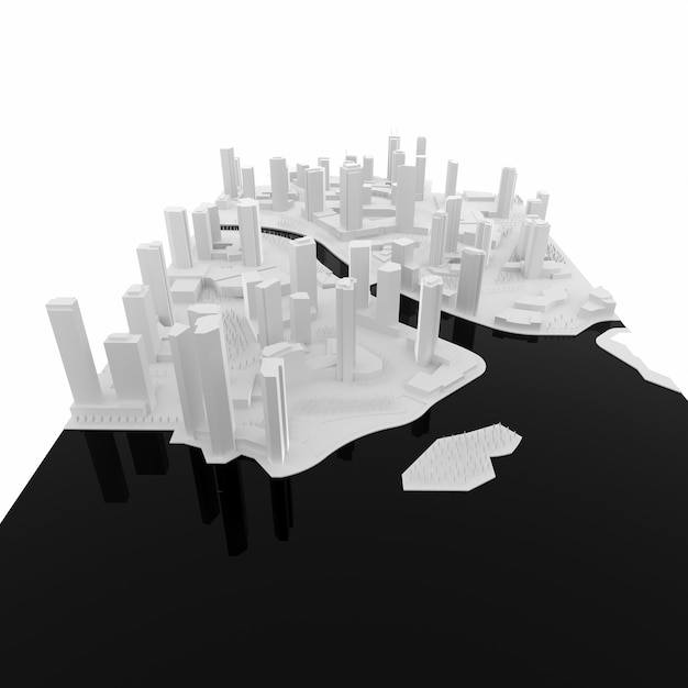 White blank model of a city built by the water