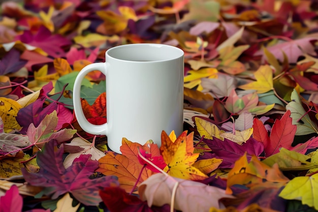 a white blank mug with handle mockup fall leaves background for celebration concept for your or