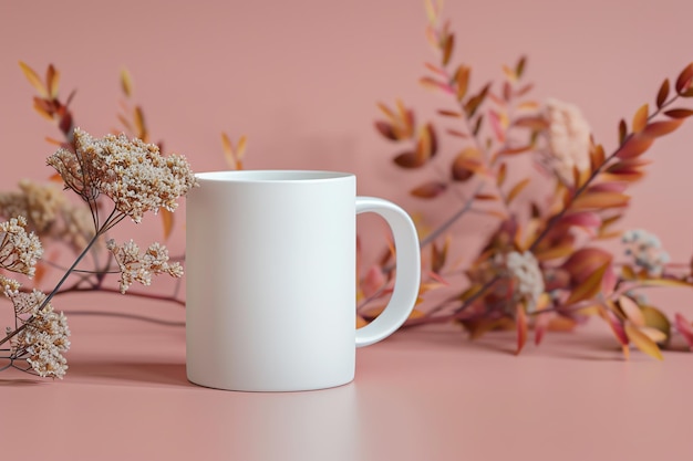 a white blank mug with handle mockup pale autumnal color elements for celebration concept for or