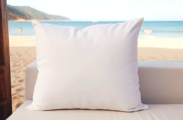 White blank pillow mockup coastal style interior lying on a sofa