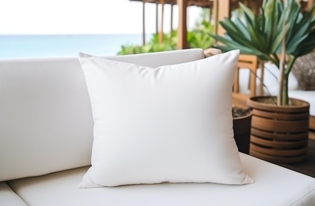 White blank pillow mockup coastal style interior lying on a sofa